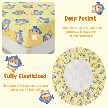 CozySmile Full Sheet Set Kids,4 Pieces Breathable Soft Microfiber Bedsheets for Child Boys Girls, Oeko-TEX, Anti Pilling Deep Pockets Easy Care Bed Sheets, Cat Fish