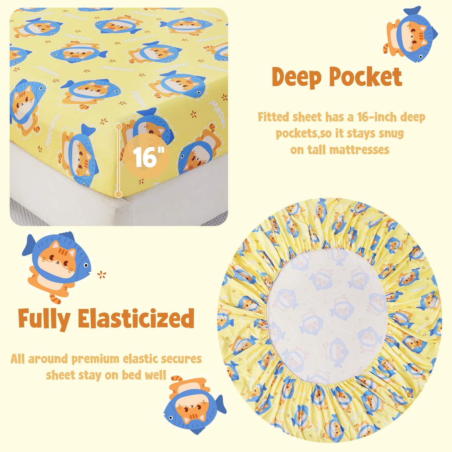 CozySmile Twin Sheet Set Kids,3 Pieces Breathable Soft Microfiber Bedsheets for Child Boys Girls, Oeko-TEX, Anti Pilling Deep Pockets Easy Care Bed Sheets, Cat Fish