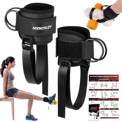nooncrazy Ankle Straps for Dumbbell and Cable Machine, Dumbbell Foot Attachment with Longer Stronger Nylon Strap, Tibialis Trainer, Leg Extensions, Hamstring Curls for Women and Men(Black Double)