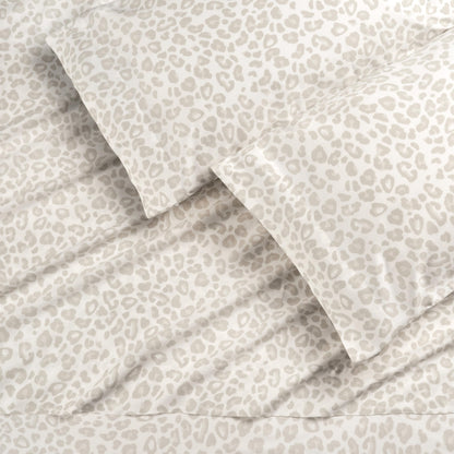 Elegant Cotton 100% Pure Organic Cotton Sheets Set King Size - Leopard Beige Pattern Print Super Soft Sheet - 4 Piece Set - Fitted Sheet, Flat Sheet & 2 Pillow Covers - King