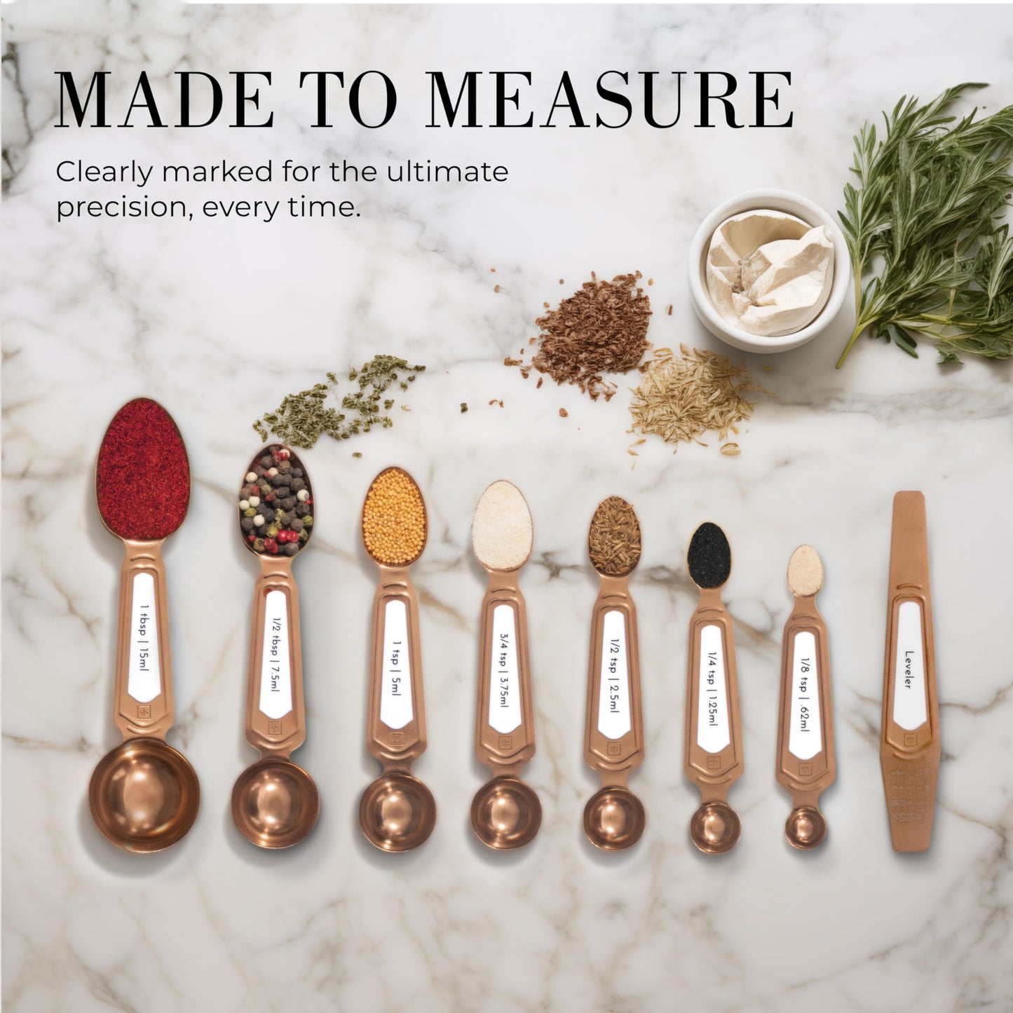 Copper Measuring Spoons Set with Leveler – 8-Piece Double-Sided Nesting Magnetic Measuring Spoons, Stackable & Spice Jar Friendly – Stylish Copper Kitchen Accessories and Decor for Baking and Cooking