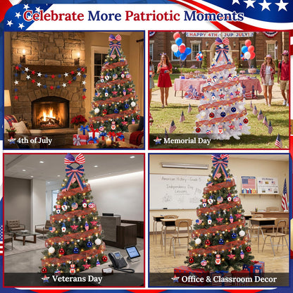 4th of July Christmas Tree Decorations Set with LED Light - Patriotic Red White and Blue Hanging Ornaments, Star Garland & Wreath Bow Tree Topper for Independence National Memorial Day Party
