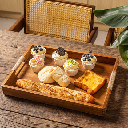 16.5 x 12 Inches Acacia Wood Serving Tray, Large Wooden Food Trays with Handles, Coffee Table Tray for Ottoman, Charcuterie, Parties, Eating, Snack, Decor, Outdoor Kitchen Counter Bandeja De Madera