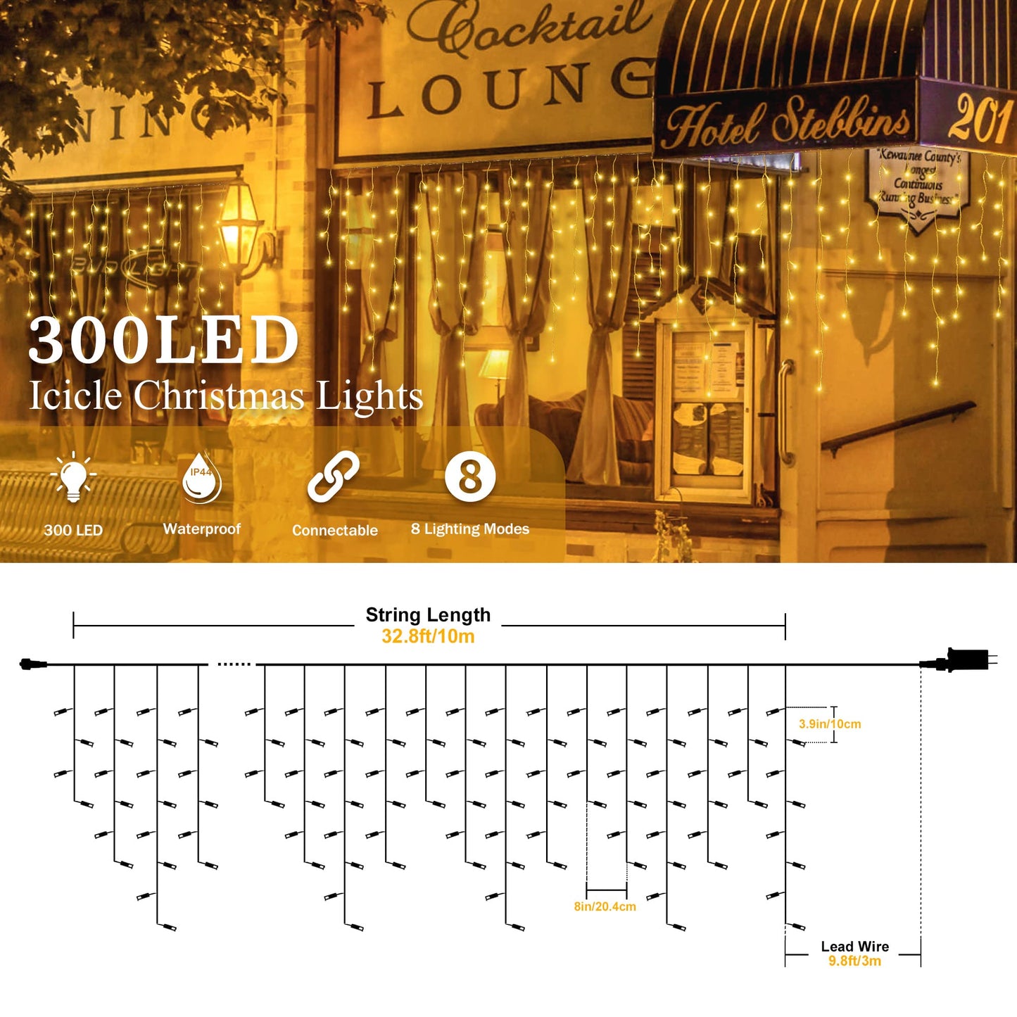 oopswow 33FT 300 LED Icicle Lights Outdoor Waterproof Icicle Christmas Lights with 50 Drops Warm White String Lights for Wedding Party Holiday Christmas Indoor Decorations,Warm White