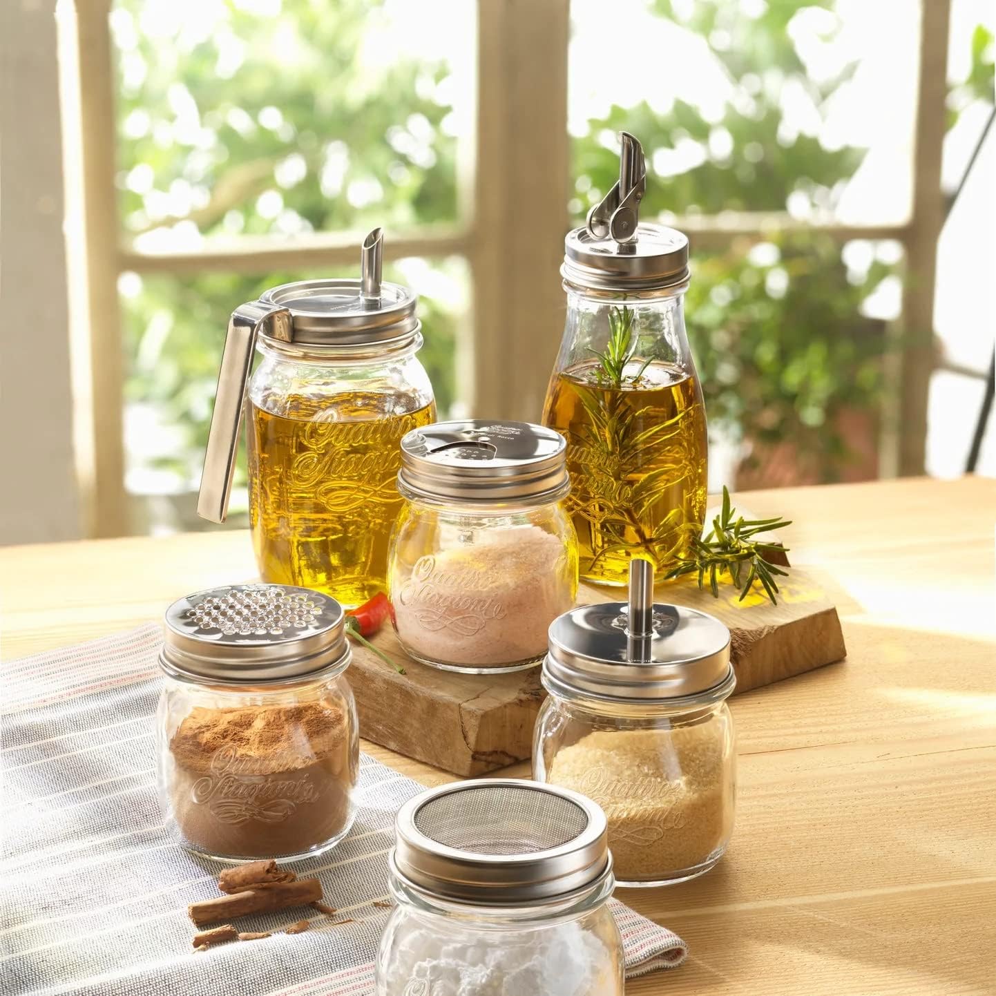 Bormioli Rocco Quattro Stagioni Spice Jar Set - 8.5 Oz, Durable Glass Mason Jars with Multi-Function Rotatable Lids, Stainless Steel Tops for Salt & Pepper - Made in Italy, Glass Spice Jars