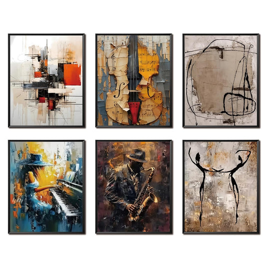 Modern Abstract Music Wall Art Set of 6, Unframed Canvas Posters Prints, Jazz Musician Piano Violin Abstract Painting Artwork, Contemporary Colorful Wall Decor for Living Room Bedroom Office 8x10 Inch