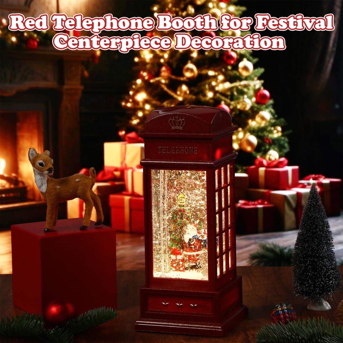 Riakrum 2 Pcs Christmas Snow Globe Lantern Phone Booth 9.8 Inch Battery or USB Operated Red Glitter Musical Singing and Lighted Water Night Light Centerpiece for Xmas Party Decoration