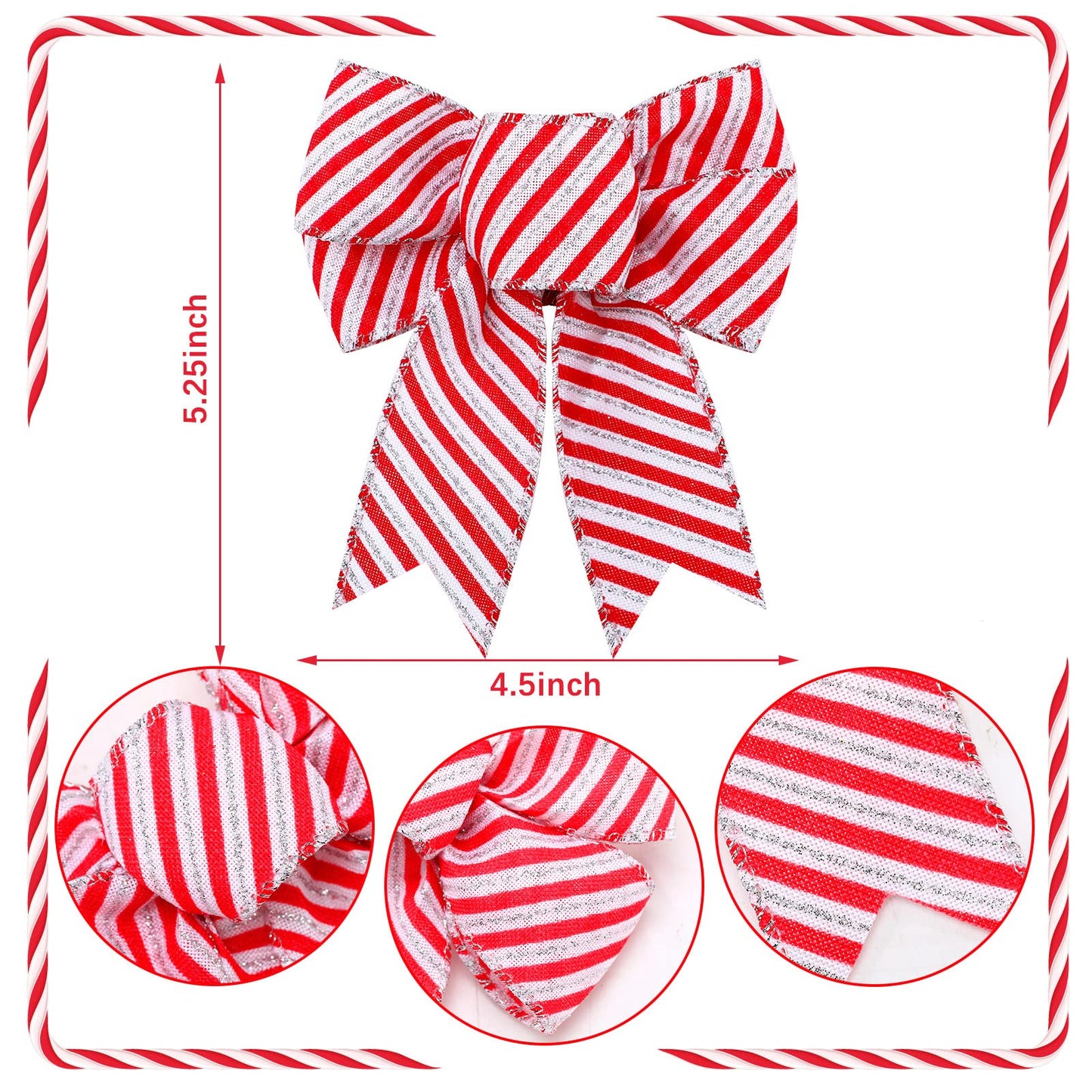 Dingion 20 Pieces Candy Stripes Bow Christmas Wreath Bows Xmas Peppermint Candy Cane Stripes Dots Plaid Bow for Christmas Tree Garland Ribbon Door Window Outdoor Party, 4.3 x 5.1 Inch(Stripe Style)