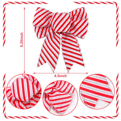 Dingion 20 Pieces Candy Stripes Bow Christmas Wreath Bows Xmas Peppermint Candy Cane Stripes Dots Plaid Bow for Christmas Tree Garland Ribbon Door Window Outdoor Party, 4.3 x 5.1 Inch(Stripe Style)
