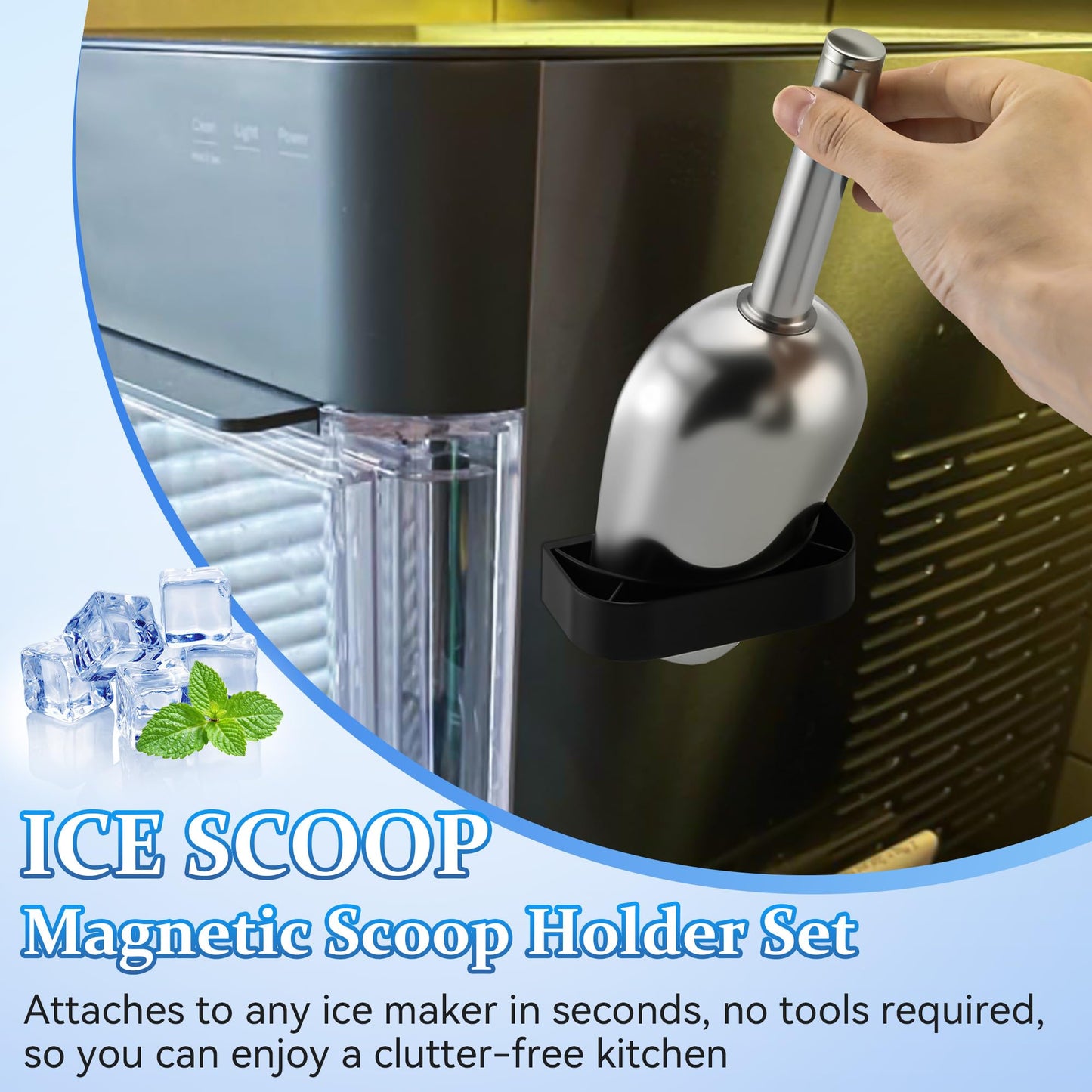 HappyAlley Ice Scoop with Magnetic Scoop Holder Compatible with GE Opal 2.0 Nugget Ice Makers, 9 In Low-Carbon Stainless Steel Alloy Scooper for Kitchen Refrigerator Accessory Pet Food Scooper(Black)