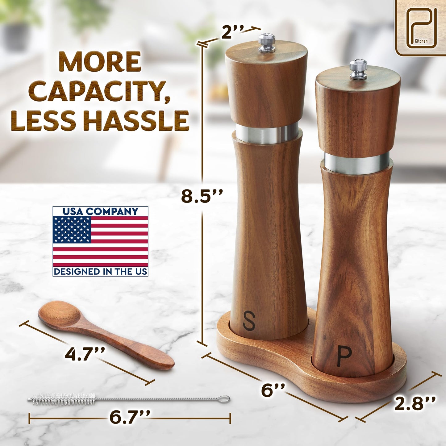 Salt and Pepper Acacia Wood Grinder Set with Wooden Holder Tray - 60 g / 2 oz each - Tall Modern Mill Shakers - Manual Refillable Mills for Peppercorn, Fancy Himalayan Salt + Spices - by PJC-Kitchen