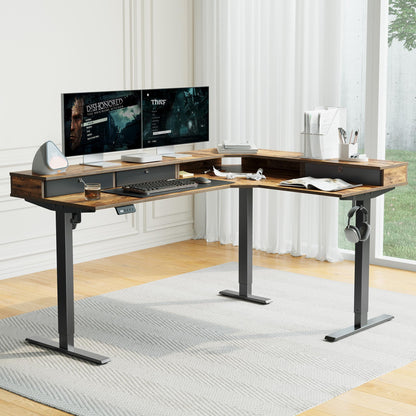CubiCubi 63x48 Inches L Shaped Standing Desk with 3 Drawers and Monitor Shelf, Height Adjustable Corner Computer Desk with Hooks, Sit Stand Up Ergonomic Home Office Workstation Table, Rustic Brown