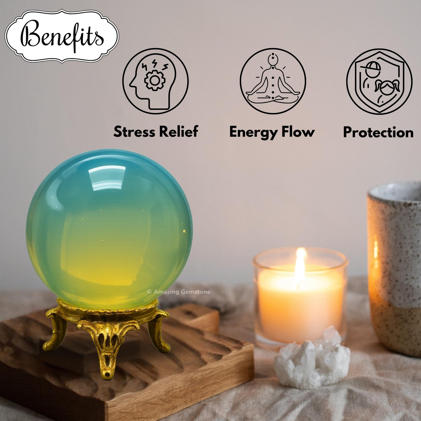 Amazing Gemstone Opalite Crystal Ball with Stand - 1.5" Inches Crystal Sphere Meditation Balls for Witchcraft and Decorative Balls