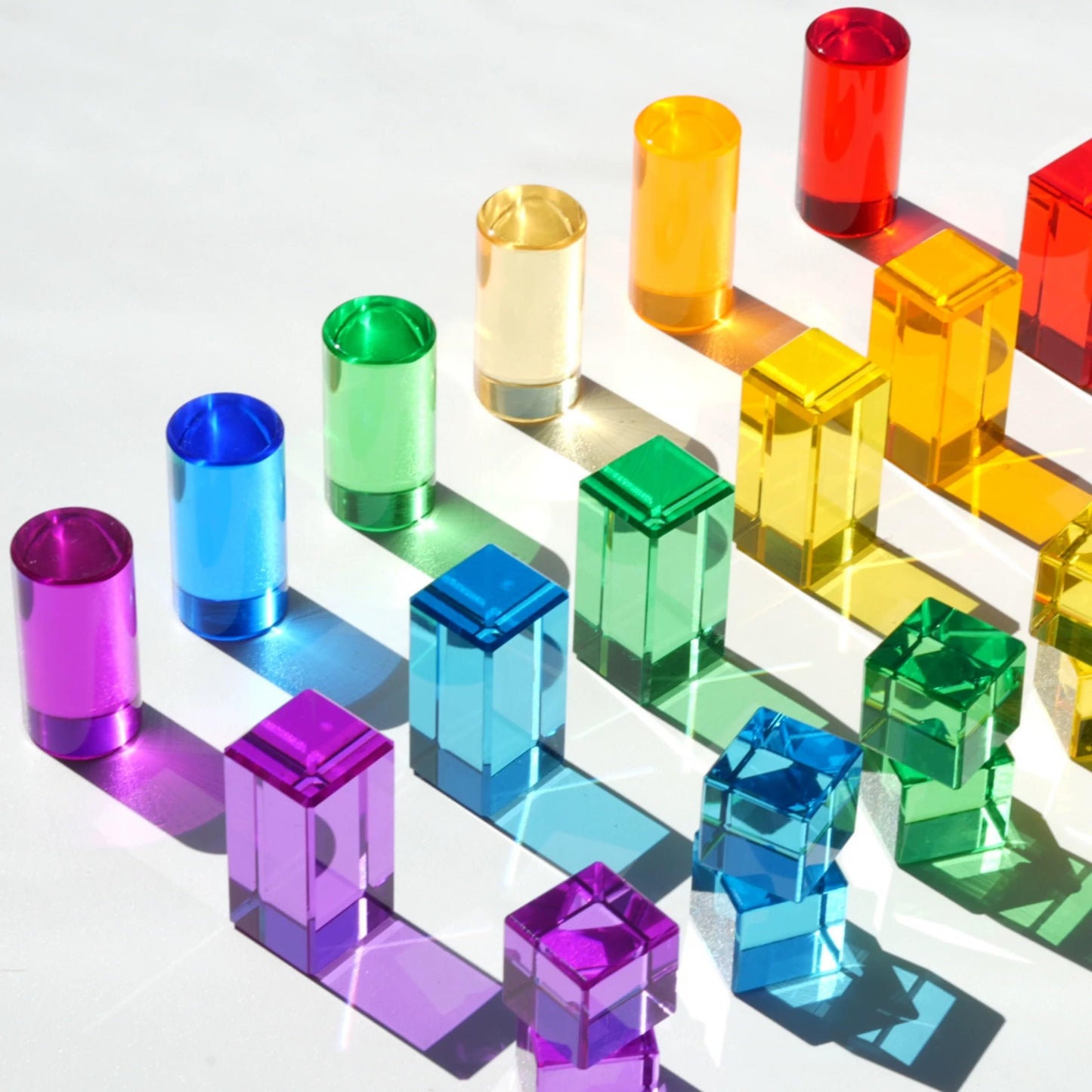 KOAICS 27PCS Rainbow Crystal Acrylic Blocks with Tray, 7 Colors Stacking Gem Blocks for Kids, 3 Shapes Cylinder, Cube, Cuboid Educational Sensory Light Learning Toys(Mixed Shape Acrylic Blocks)