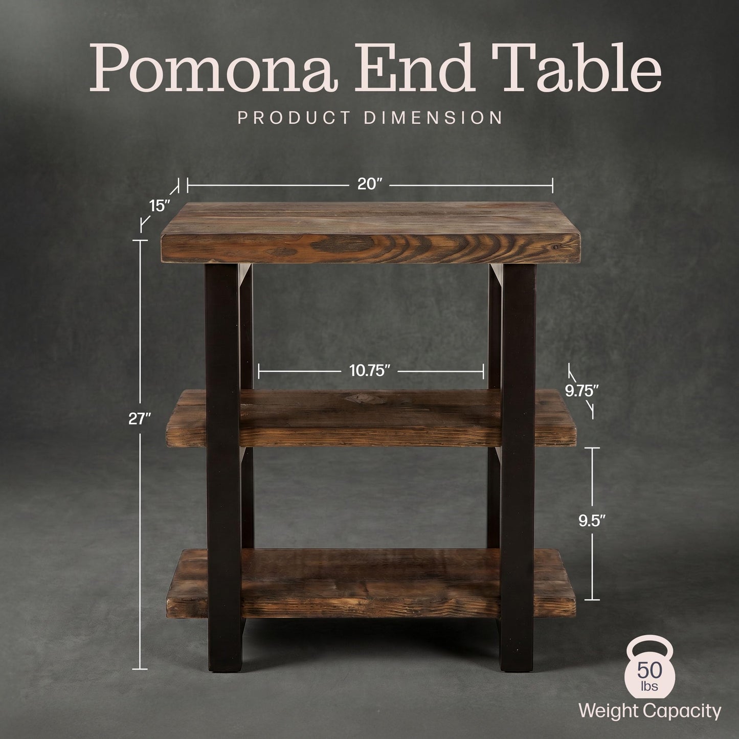 Alaterre Furniture Pomona Living Room 3-Tier Solid Wood End Table with Metal Legs & Storage Shelves – Modern Rustic Industrial Space-Saving Side Table or Nightstand (Rustic Brown)
