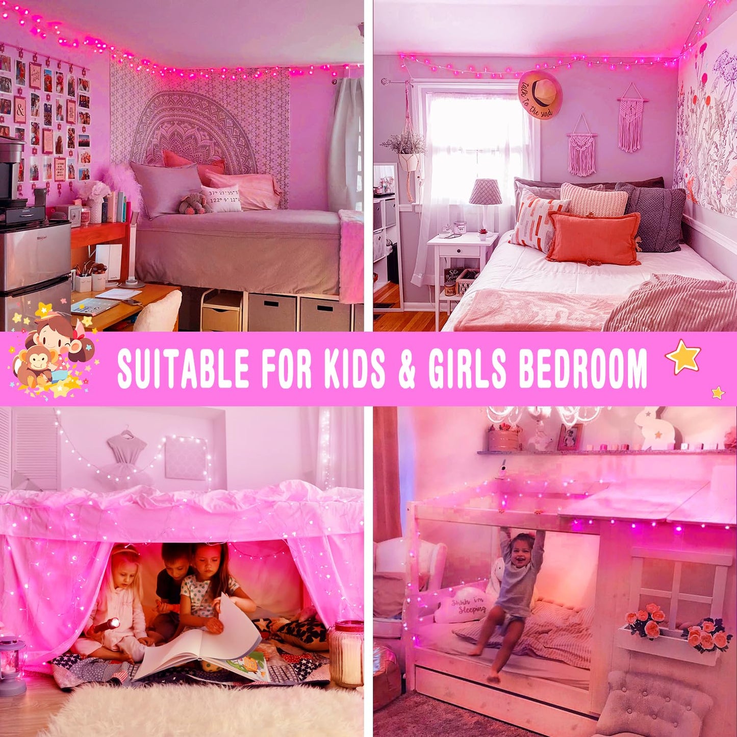 JMEXSUSS 66 Ft Connectable Pink Lights for Room Decor, 200 LED Pink String Fairy Christmas Lights Clear Wire Plug in for Bedroom Indoor Outdoor Girl's Room Home Anniversary Birthday