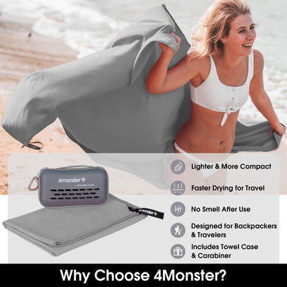 4Monster Quick Dry Travel Towel with Case & Carabiner – Super Absorbent Microfiber Gym & Camping Towel. Compact, Lightweight, Fast Drying for Beach, Swimming, Hiking, Backpacking