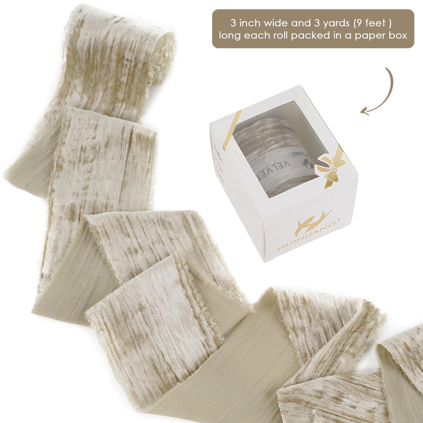 HUIHUANG Taupe Velvet Crinkled Frayed Ribbon - 3 Inch Wide Champagne Fringe for Wreaths, Christmas Tree, Flower Bouquet, Gift Wrapping, Wedding & Bridal Shower Decor