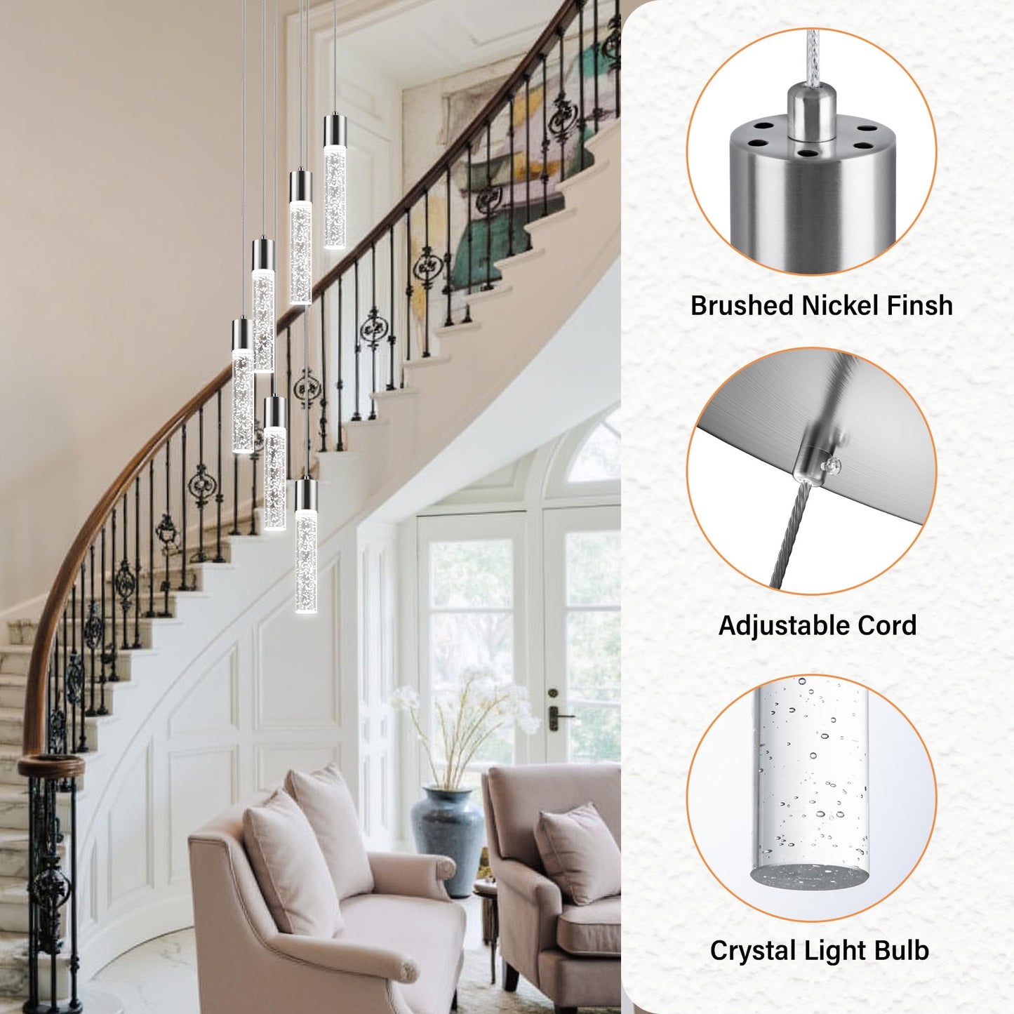 Esfos Pendant Lights Kitchen Island, 3000K-6500K Modern Kitchen Island Lights, Ceiling Lighting Fixtures with Crystal Bubble, 3 Color Integrated LED Hanging Light Brushed Nickel 1 Pack(6-Light)