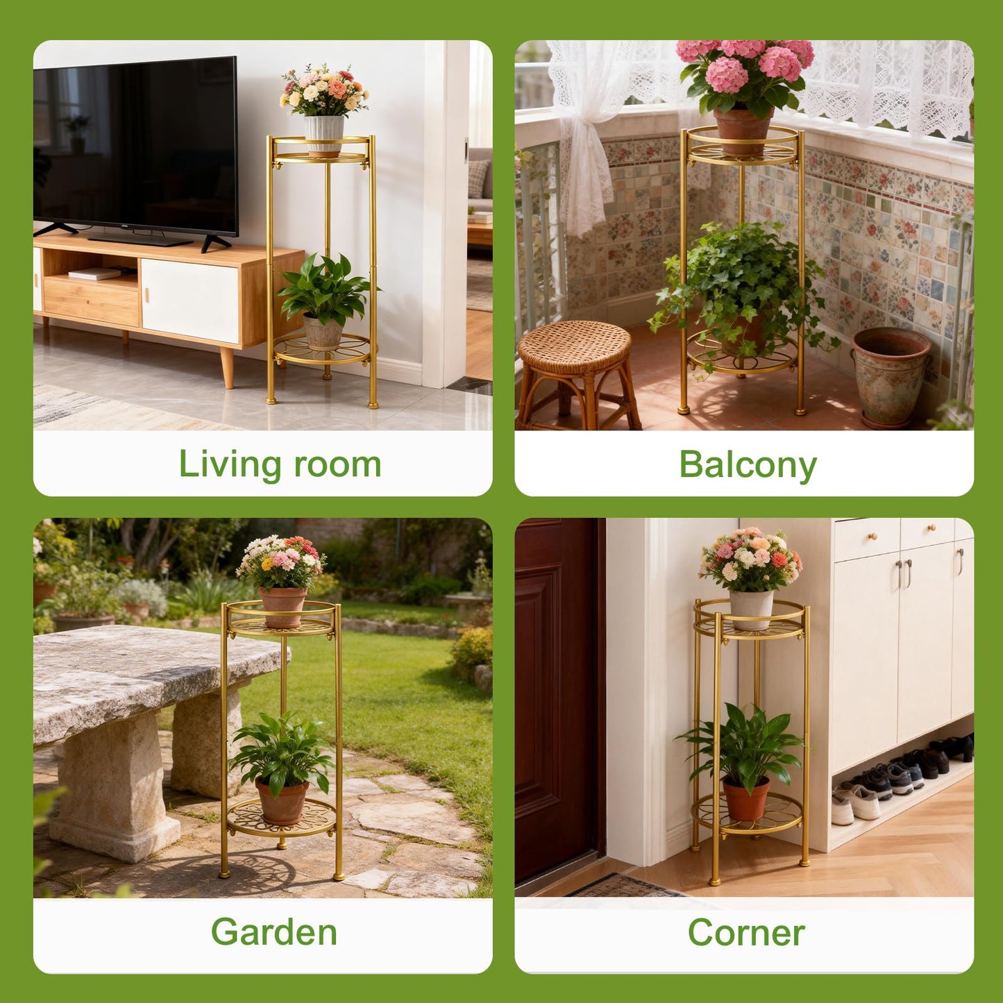 2 Tier Metal Plant Stand, Sturdy Heavy Duty Adjustable Two Tier Flower Pot Holder for Indoor Outdoor, Small Spaces, Balcony, Kitchen, Living Room, Patio - Tall Plant Shelf for Succulents, Heavy Pots, Potted Herbs （Gold）