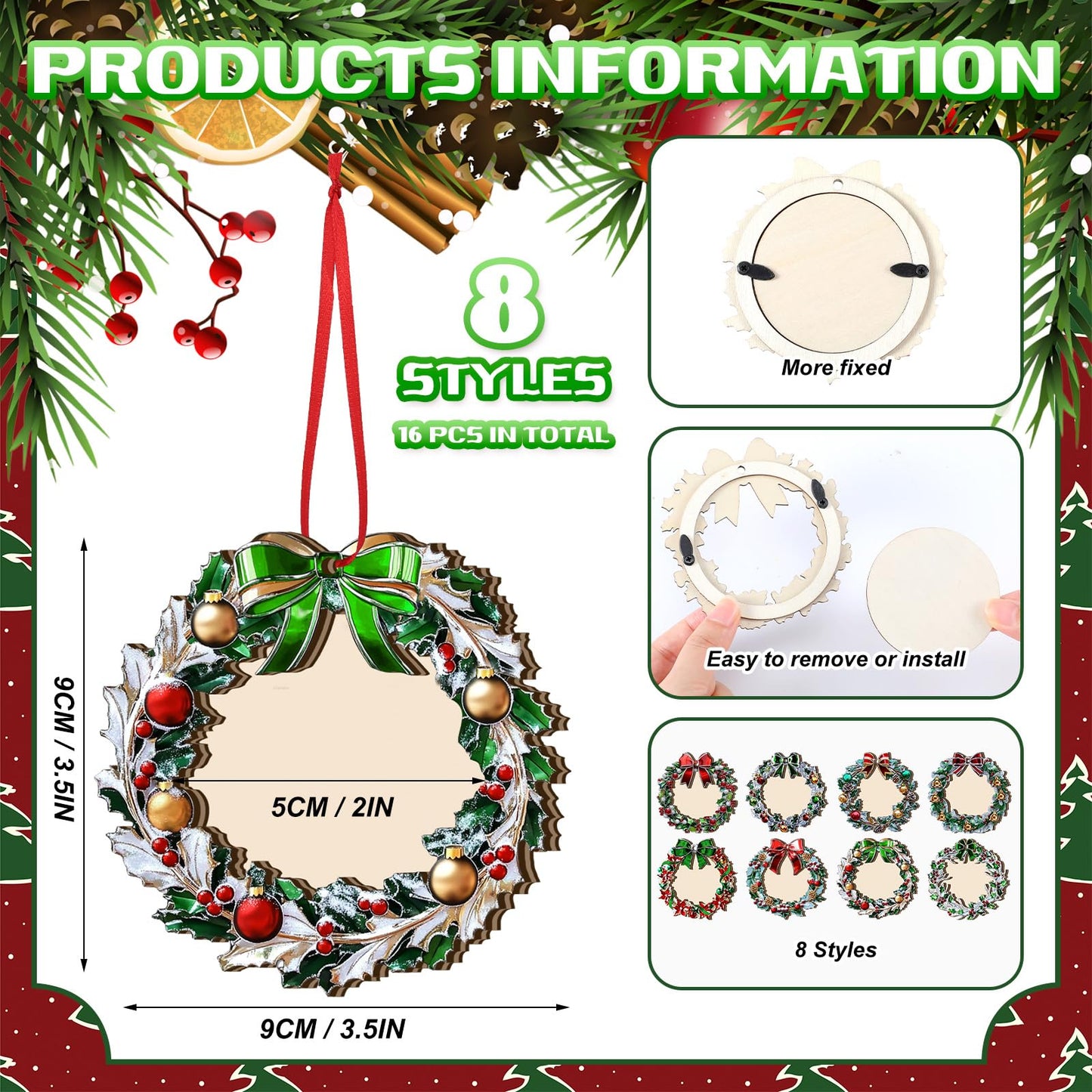 Yalikop 16 Pcs Christmas Photo Frame Ornaments Wooden Nutcrackers Santa Snowman Snowflake Picture Frame Tree Decoration DIY Photo Keepsakes for Xmas Party Decorations Winter (Wreath)