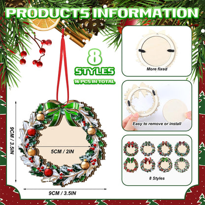 Yalikop 16 Pcs Christmas Photo Frame Ornaments Wooden Nutcrackers Santa Snowman Snowflake Picture Frame Tree Decoration DIY Photo Keepsakes for Xmas Party Decorations Winter (Wreath)