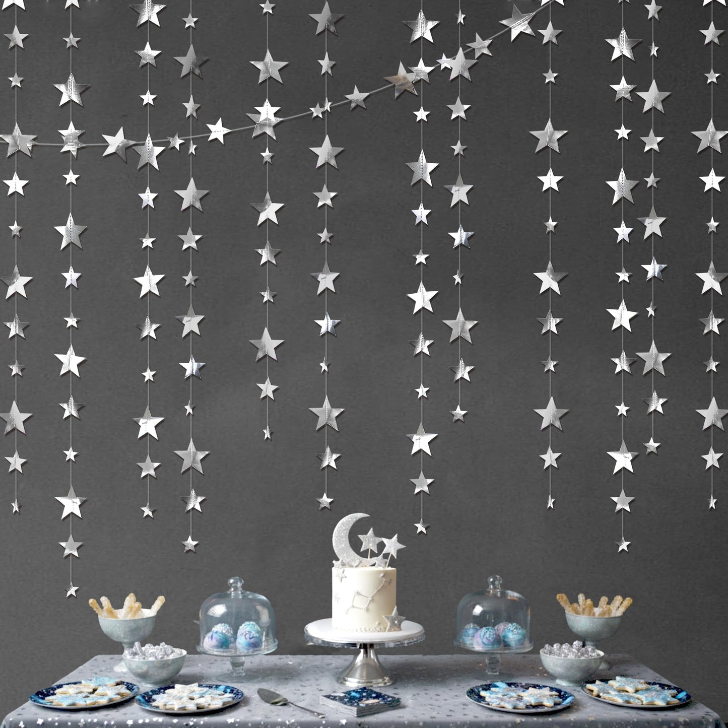 Cheerland 156ft Silver Star Garland Star Party Decorations Hanging Stars Prom Decoration 2026 Graduation Decor Paper Stars Streamer Banner Backdrop Shiny Starry Night Twillight Birthday Party Supplies