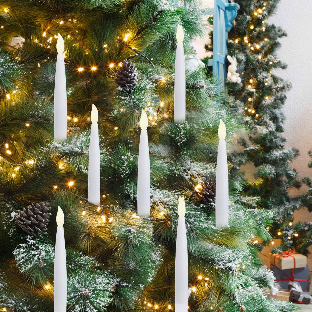 Angoily 12 Pcs Flameless Led Taper Candles Battery Operated Christmas Tree Lights Electric Fake Candles for Holiday Home Garden Wedding Parties Decor Includes Clips Fishing Line, Warm Led Lights