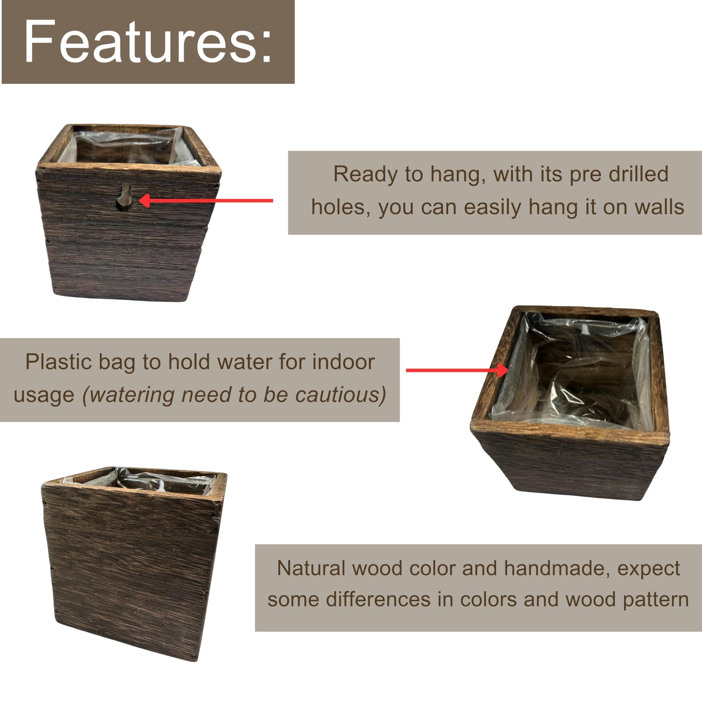 LaLaGreen Wood Planter Boxes for Plants (4x4 Inch, 8 Pack) Small Square Wall Mounted Planters for Indoor Plant, Herb Wooden Box Hanging Flower Pot Plant Holder Outdoor Fence Vertical Garden Home Decor