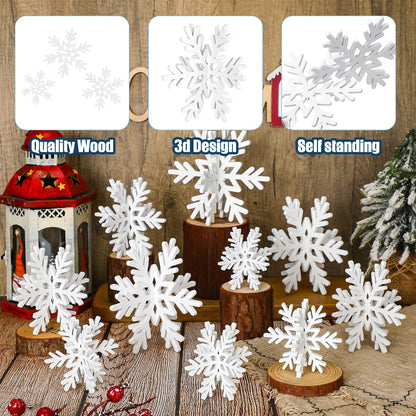 Qunclay 20 Pcs Wooden Snowflake Decorations 3D Snowflake Tabletop Decor Winter Signs and Centerpiece for Winter Wonderland Decorations Xmas Tiered Tray Decor(White)