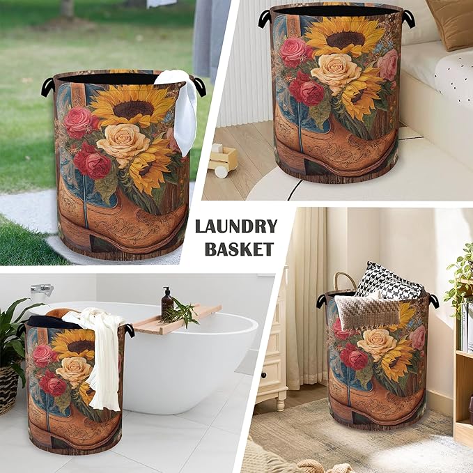 Cowboy Boots Laundry Basket, Wooden Sunflowers Foldable Oxford Cloth Tote Bag
