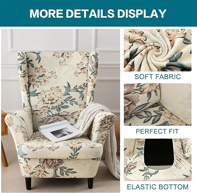 KRFOONN Velvet Wing Chair Slipcovers 2 Piece Stretch Printed Wingback Chair