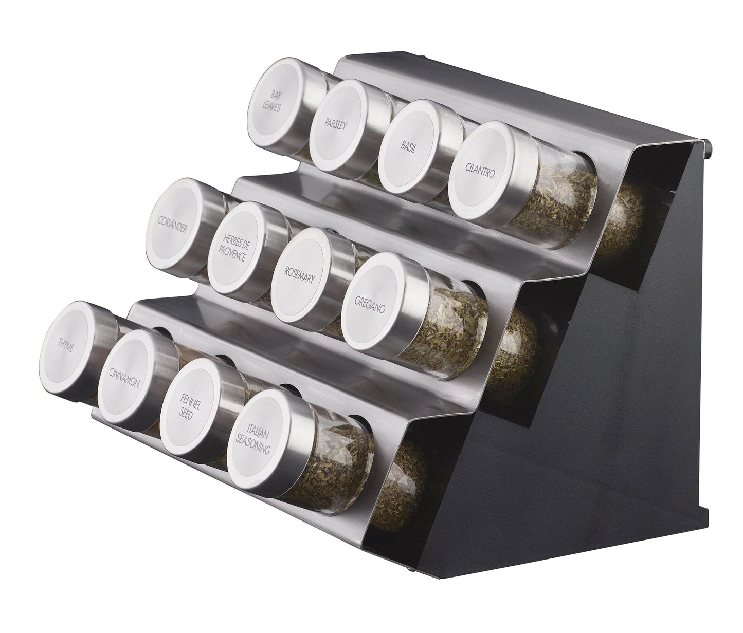 Kamenstein 20 Jar Revolving Countertop Spice Rack with Spices Included, FREE Spice Refills for 5 Years, Polished Stainless Steel with Black Caps, 30020