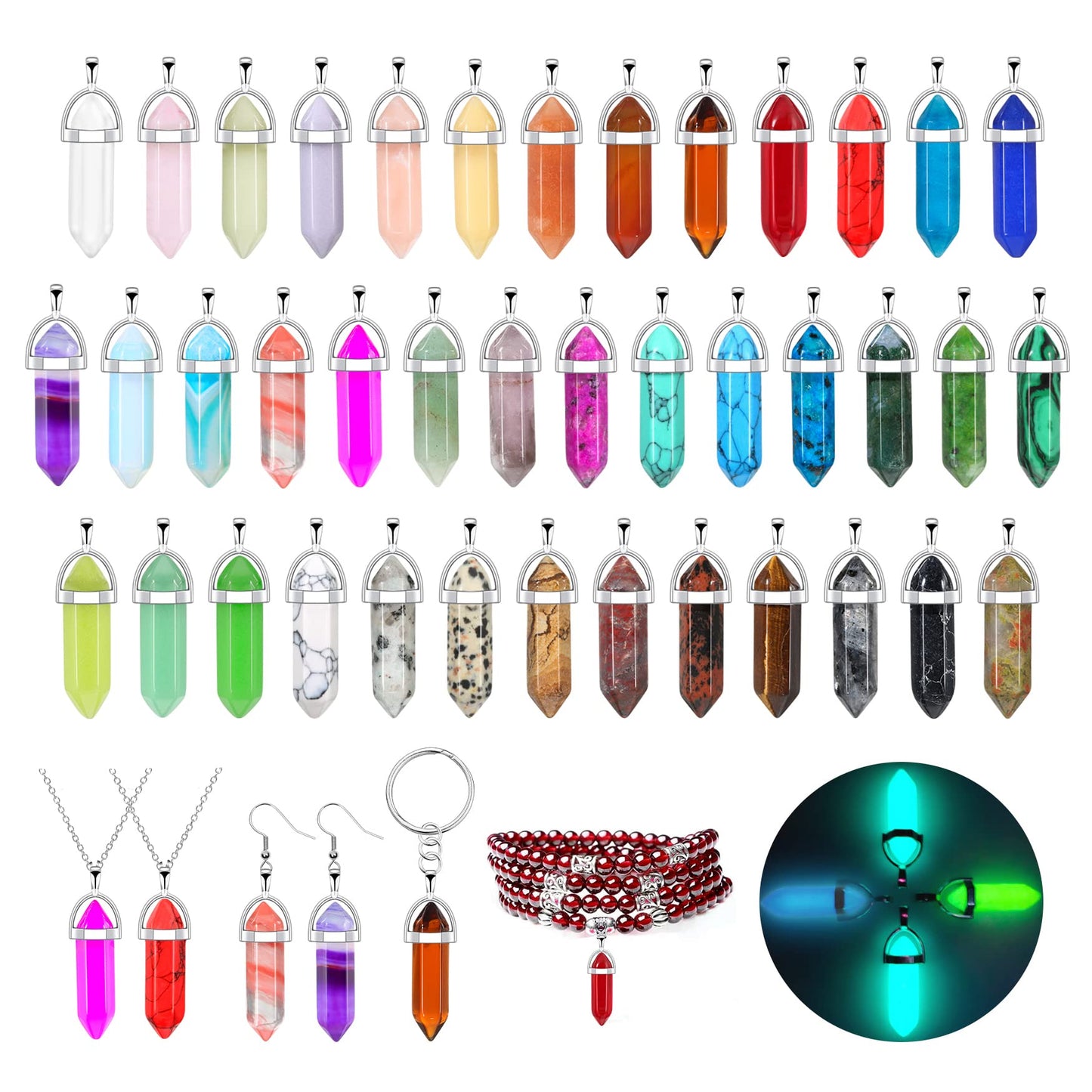 ROADPLUM 40Pcs Healing Crystal Pendants, Glow in the Dark Gemstones Charms Quartz Stone, Hexagonal Crystals Pointed Chakra, Natural Crystal Necklace Pendants for Jewelry Making with Storage Box