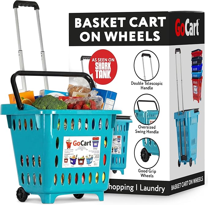 dbest products GoCart, Teal Grocery Cart Shopping Laundry Basket on Wheels
