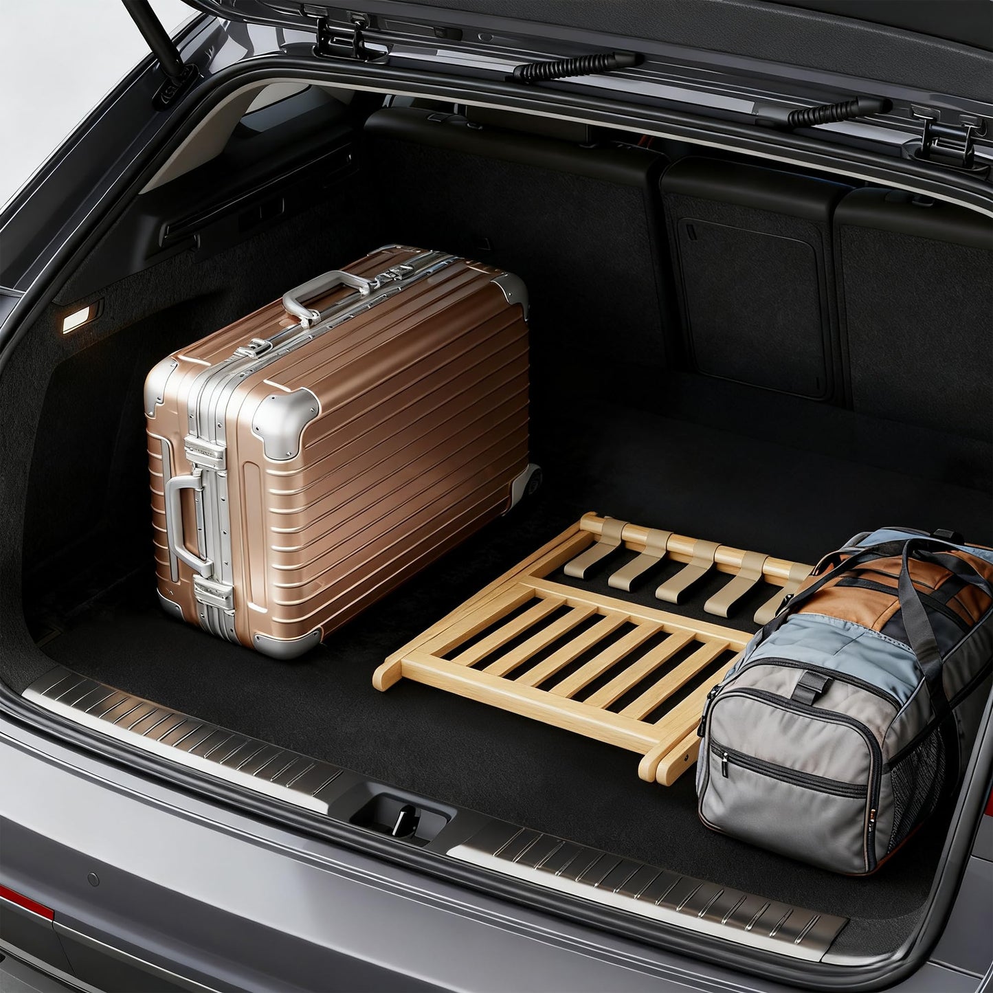 Oakvora Full Assembled 26.77"L Luggage Rack for Guest Room, Set of 2 Foldable Suitcase Stand with 5 Nylon Straps, Luggage Holder with Shoe Shelf for Suitcases Hotel (Natural Wood Bamboo Luggage Stands)