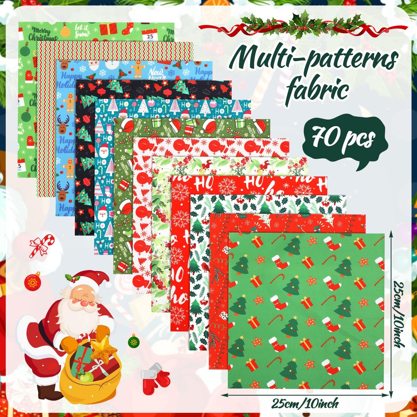 Tudomro 70 Pcs 10 x 10 Inch Christmas Quilting Fabric Squares Santa Gingerbread Man Fabric Bundles Snowman Candy Cane Printed Precut Patchwork Materials for Xmas Winter DIY Crafts Cloths Handmade