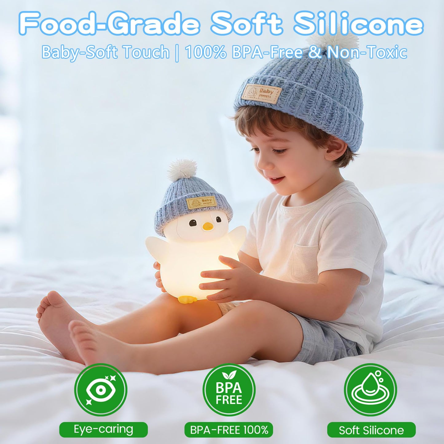 FAMIDUO Penguin Night Light for Kids, Adorable Penguin Lamp with Hat, Food Grade Silicone Nursery Nightlight, Rechargeable/Dimmable/Timer,LED Squishy Novelty Animal Bedside Lamp,Funny Gifts for Boys