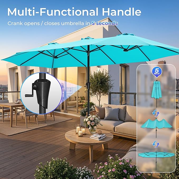 SUPERJARE 15FT Outdoor Umbrella for Patio, Double sided Pool Umbrellas with Fade Resistant Canopy, Large Table Umbrella for Deck, Market, Backyard - Light Blue
