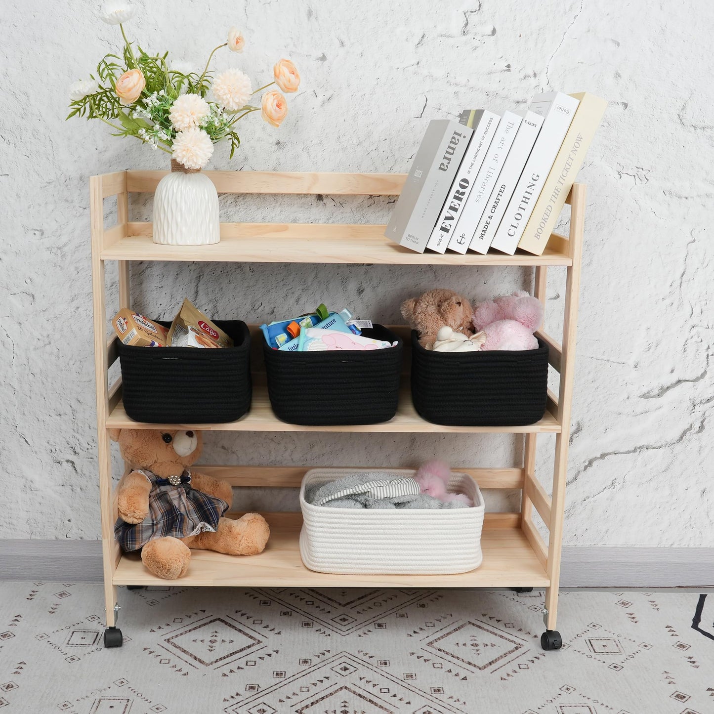 XUANGUO Small Woven Storage Baskets 12“X8”X5“ Decorative Rope Bins for Organizing Shelves, Closets, and Toys, Empty Gift Baskets, Cute Organizer Basket for Home and Office (black, regular)