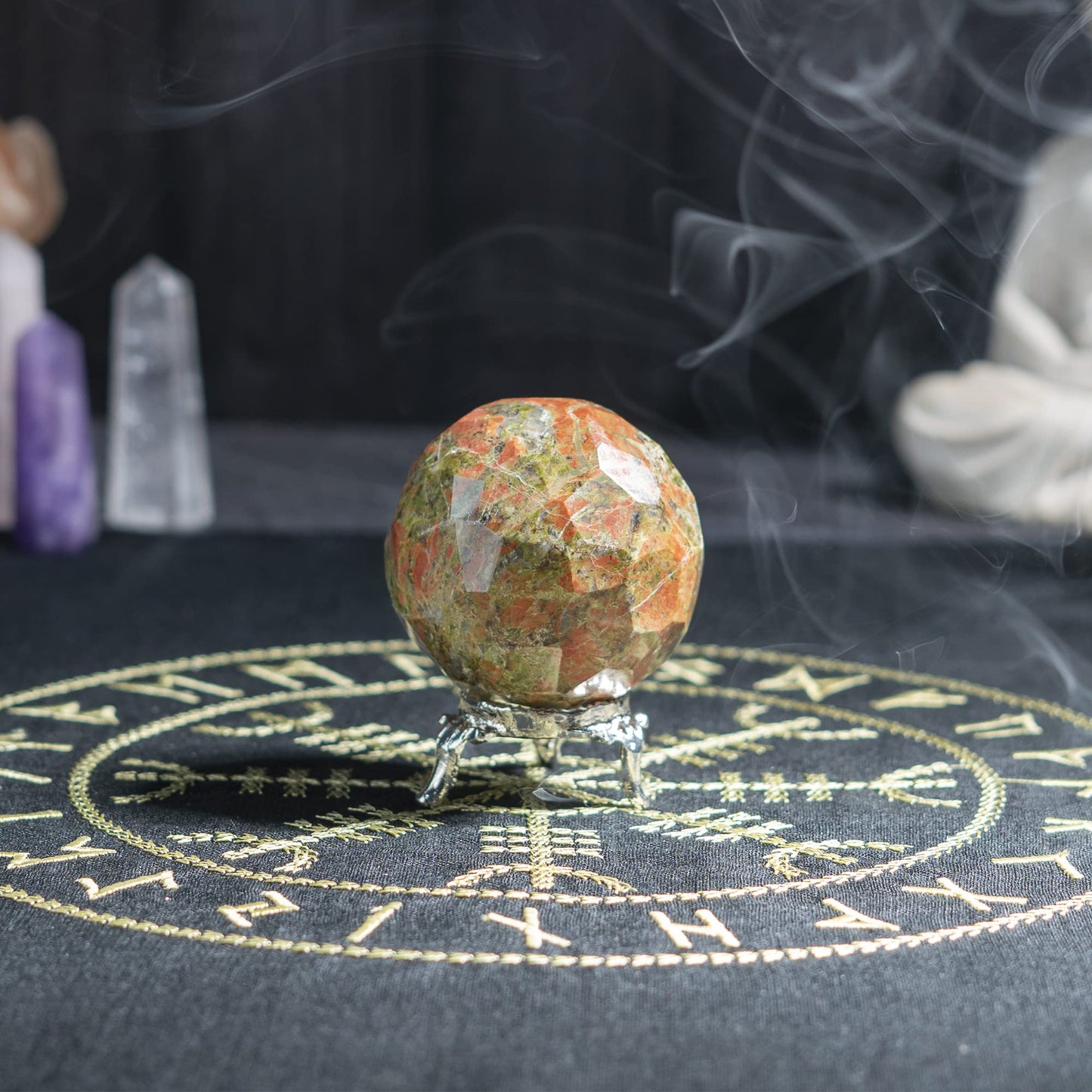 Crocon 45mm Unakite Diamond Cut Stone Sphere Ball with Metal Stand 1400+ Carats Gemstone Ball Healing Ornament Rock Sphere Sculpture Figurine for Fengshui Divination Crystal Home Decor Photography