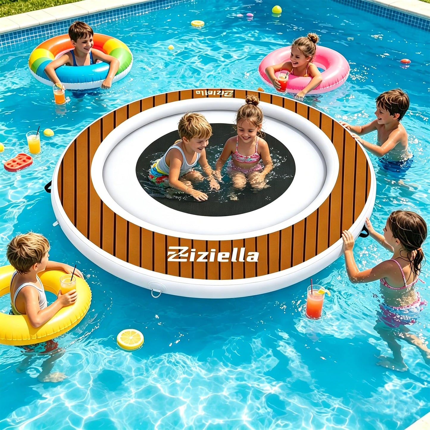 Ziziella Inflatable Water Hammock Floating Dock, 8FT Round Floating Ring for Adults Kids with Anti-Slip Sticker, 6 inch Thick Floating Platform River Floats Dock for Pool Ocean Lake Beach
