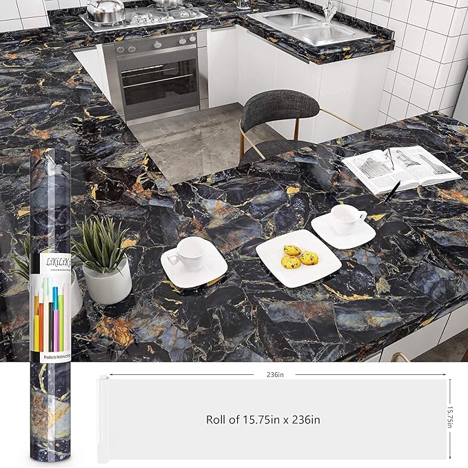 Black Marble Contact Paper Waterproof Removable Peel and Stick Wallpaper Film