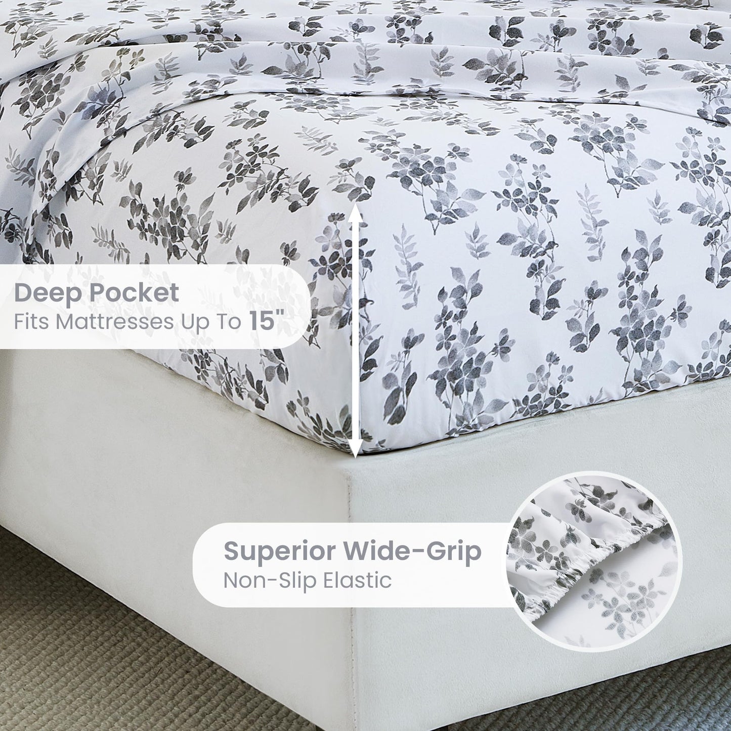 Mooreeke Cozy Vintage Microfiber Printed Queen Sheet Set - Soft Breathable Percale Cotton Floral Bed Sheets with Deep Pocket - Non-Slip Fitted Design - Gradient Grey Small Flowers Pattern