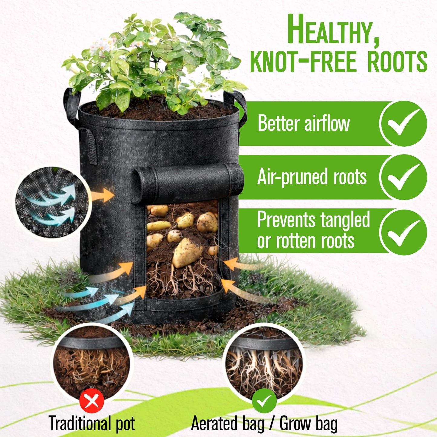 SunVara 10 Gallon Grow Bags, 5 Pack - Breathable Fabric Plant Pots with Handles & Harvest Window for Potatoes, Tomatoes, Vegetables