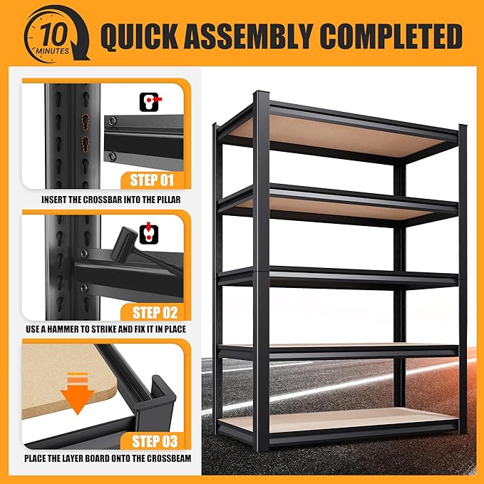 AOARGG 78" H Garage Shelving Heavy Duty Storage Shelves, Metal Adjustable Shelving Unit, Utility Garage Organizer Shelf for Basement, Pantry, Kitchen, Warehouse, 45.6" W x 19.7" D x 78" H, Black