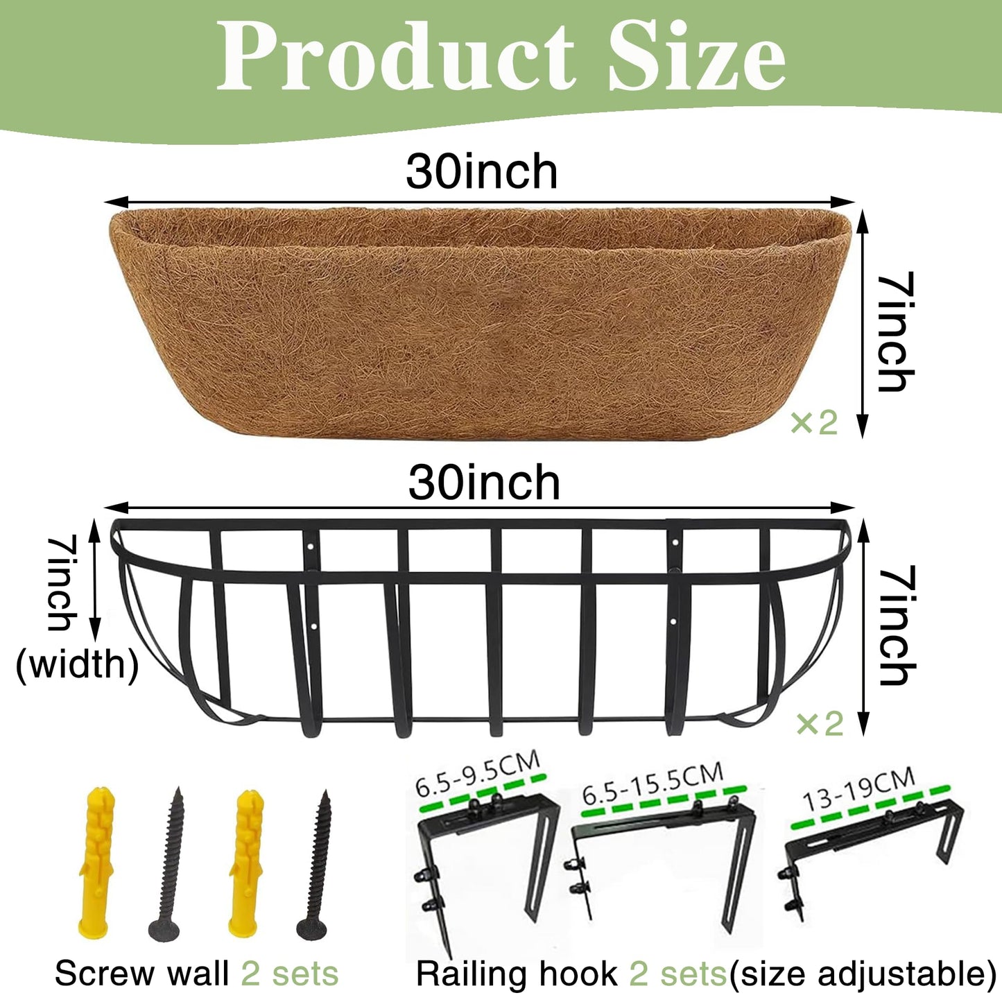 EIMQUVW 30 Inch Railing Planter Window Box Deck Balcony Rail Planter with Coco Liner Metal Wall-Mounted Coconut Liner Basket English Horse Trough for Outdoor Balcony Porch Fence Patio (2 Pack)