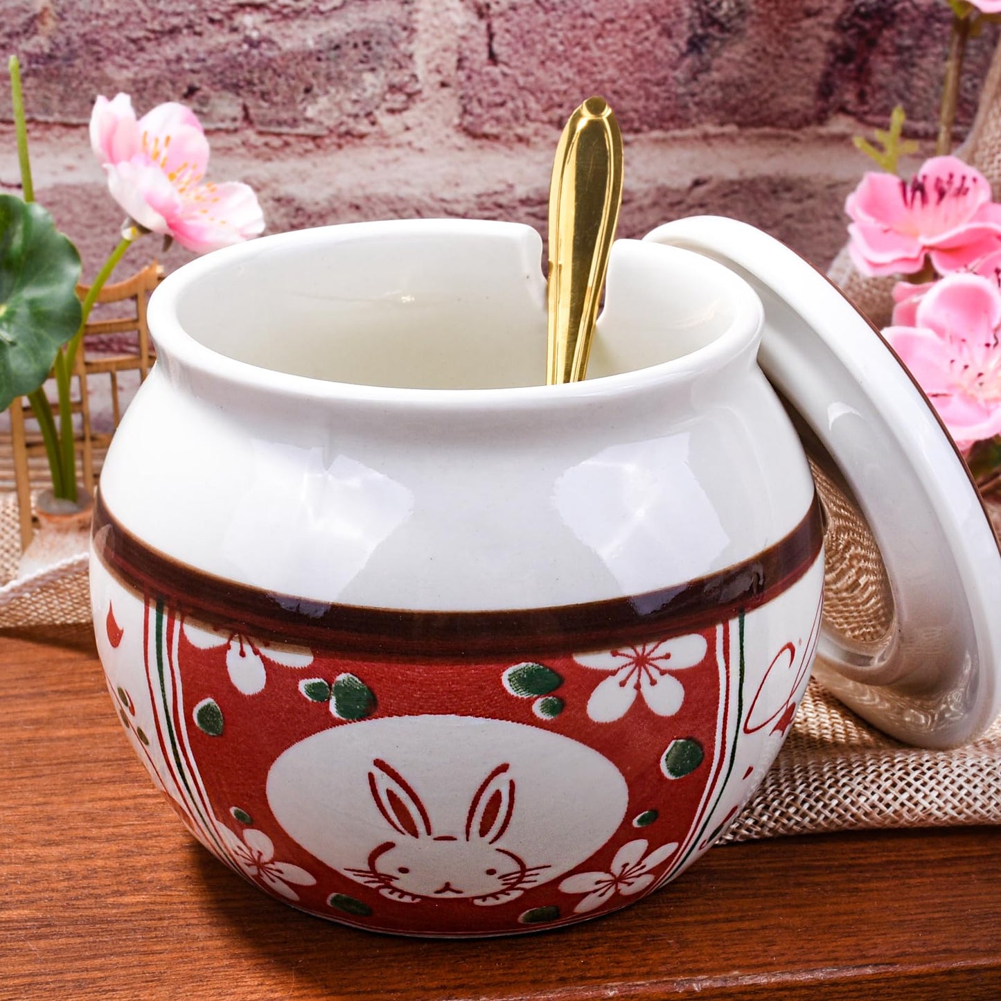 Cerficer Japanese Style Ceramic Sugar Bowl with Lid and Spoon, 4.3-Inch Hand-Painted Decorative Condiment Jar for Salt, Spices, and Seasonings, Microwave and Dishwasher Safe Kitchen Countertop Storage