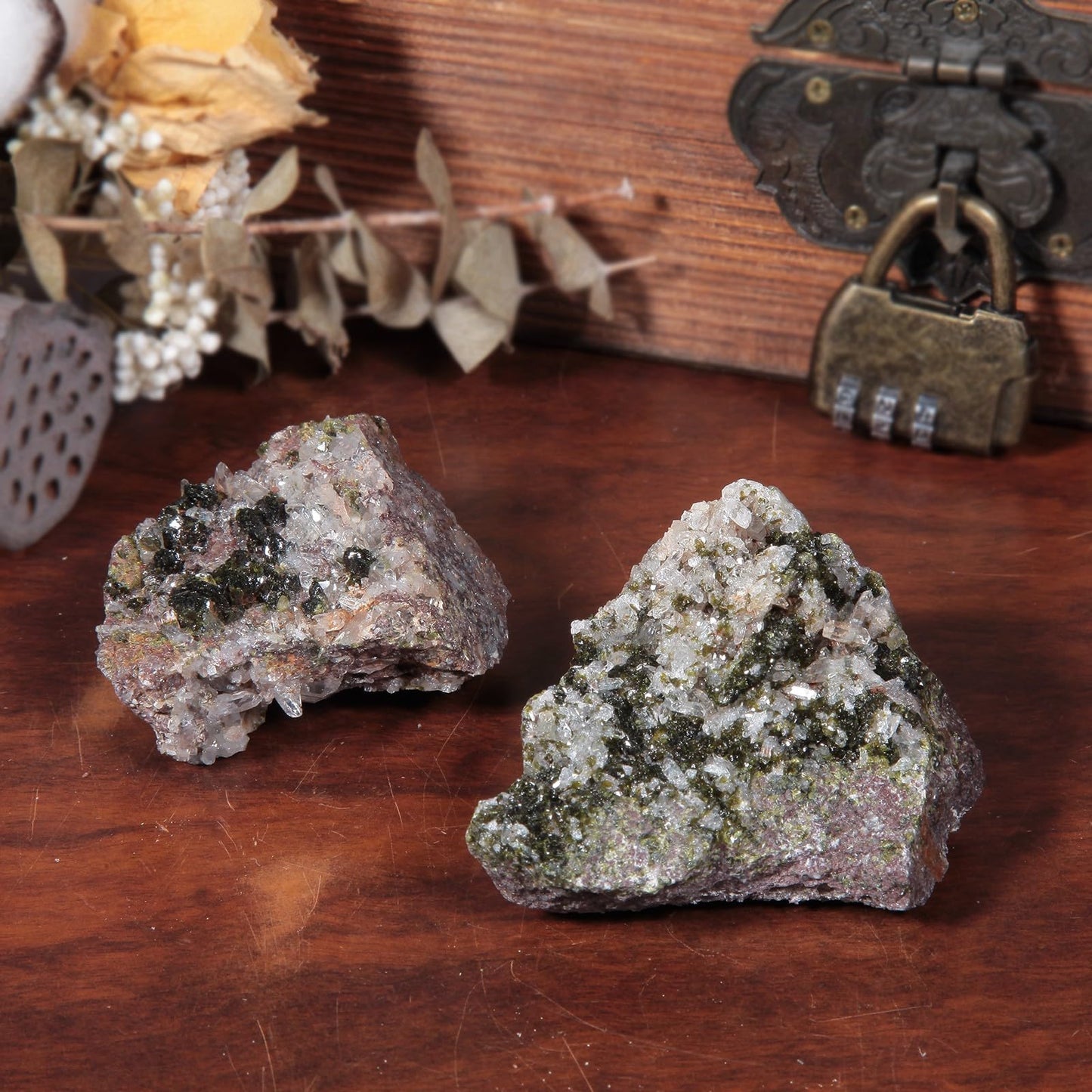 SUNYIK Natural Epidote Stone Geode Cluster, Rough Raw Crystal Rocks Mineral Specimen for Reiki Healing Home Decoration, 100-199g