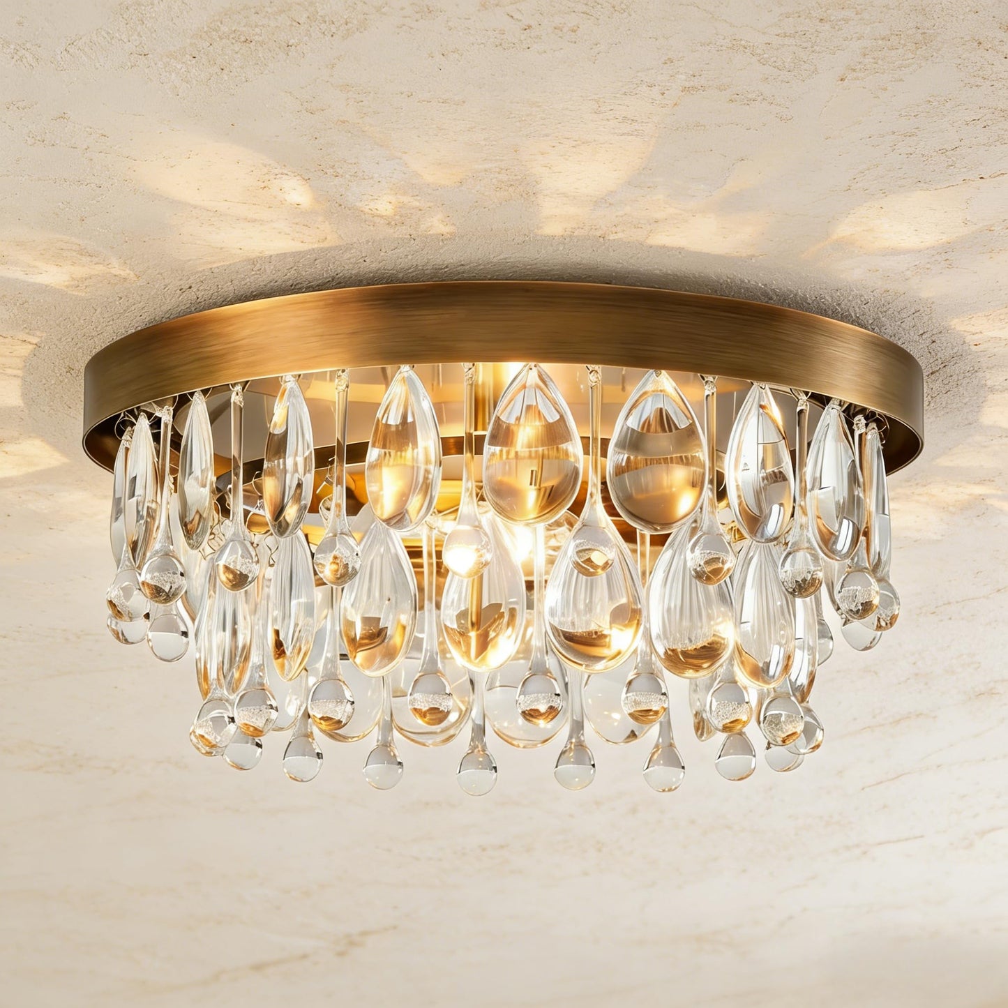 15" Antique Brass Round Crystal Ceiling Light, Luxury Crystal Raindrop Semi Flush Mount Ceiling Light Fixture, Modern Mini Flush Mount for Bedroom, Hallway, Entryway (Brass)